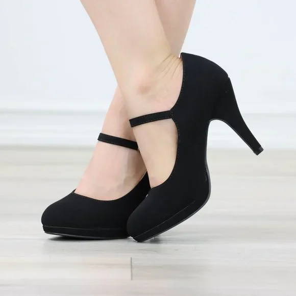 Black Rockabilly High Heels Ankle Strap Round Toe Classic Pumps Nubuck - Picture 8 of 12